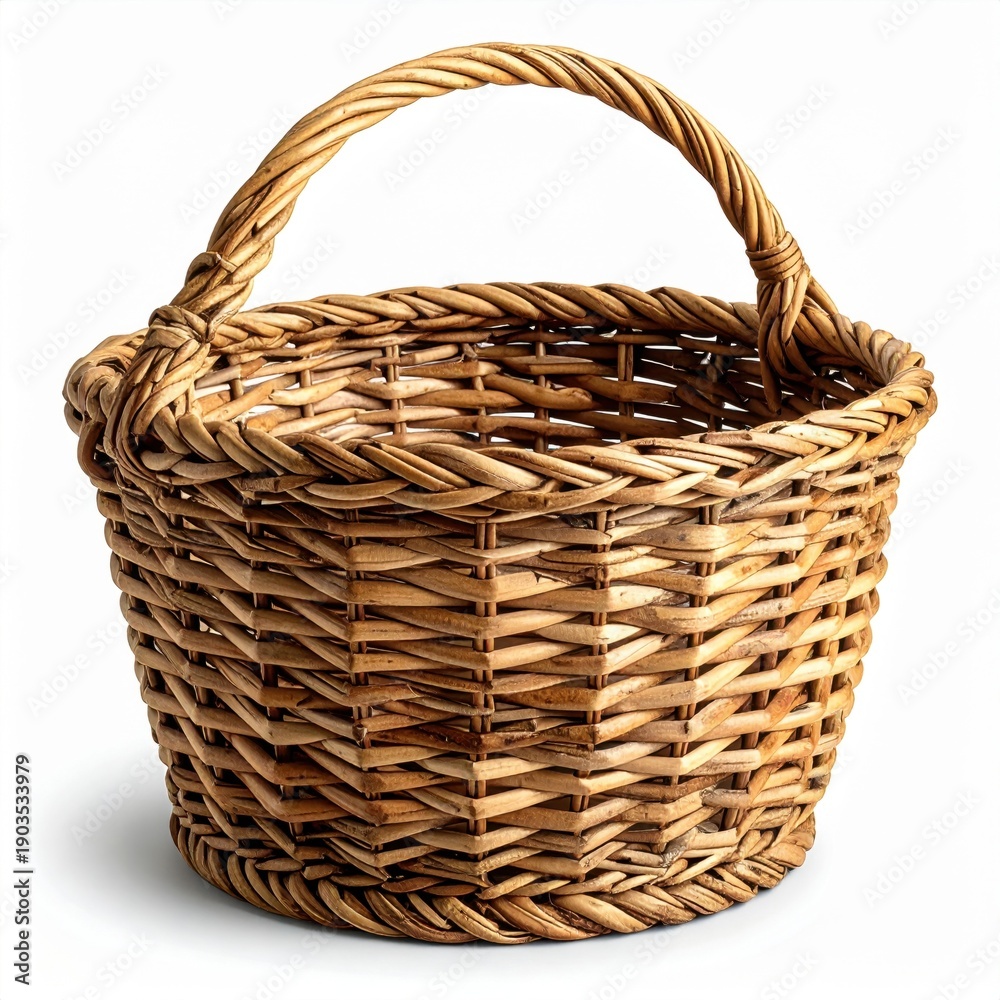 Obraz premium Rustic Woven Wicker Basket with Handle on a White Background Isolated Natural Material Craftsmanship