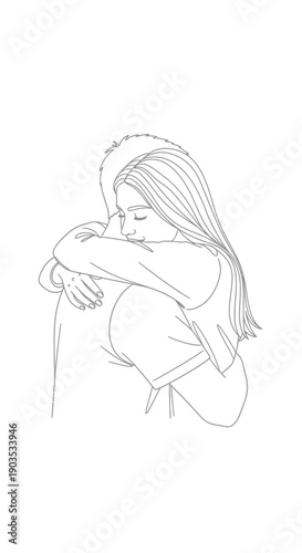 Woman Embracing Herself with Long Hair.