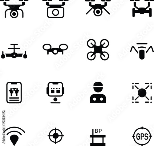 Drone icons, quadcopter, UAV technology, GPS navigation, remote control, operator, target, signal, base point