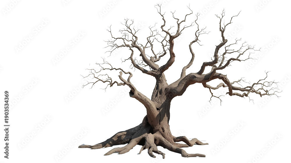 Fototapeta premium Large Gnarled Dead Tree with Intricate Branching Pattern Isolated on White