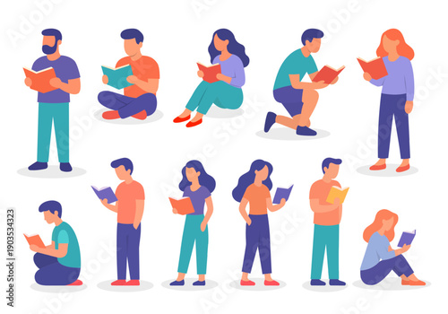 Set of diverse characters reading books in various poses, sitting, standing, and kneeling. Modern flat vector style