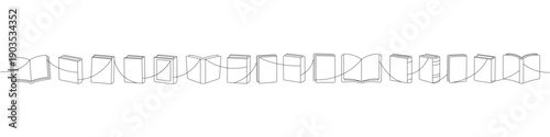 Long horizontal line of various open and closed books in minimal outline style. Continuous reading theme