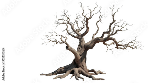 Large Gnarled Dead Tree with Intricate Branching Pattern Isolated on White