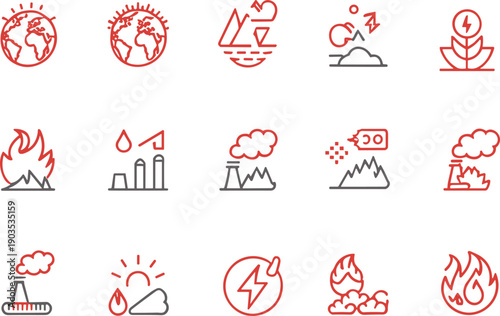 Environmental icons, climate change, renewable energy, pollution, sustainability, global warming, factory emissions, wildfire