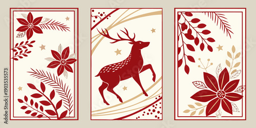 Elegant Christmas Reindeer & Poinsettia Panel Art – Red and Gold Holiday Floral Design for Seasonal Cards and Festive Decor