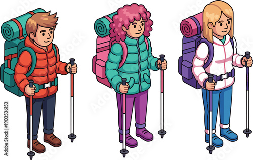 Cartoon hiker illustration set, outdoor adventure icon pack, trekking gear artwork, camping lifestyle design, colorful hiking character vector