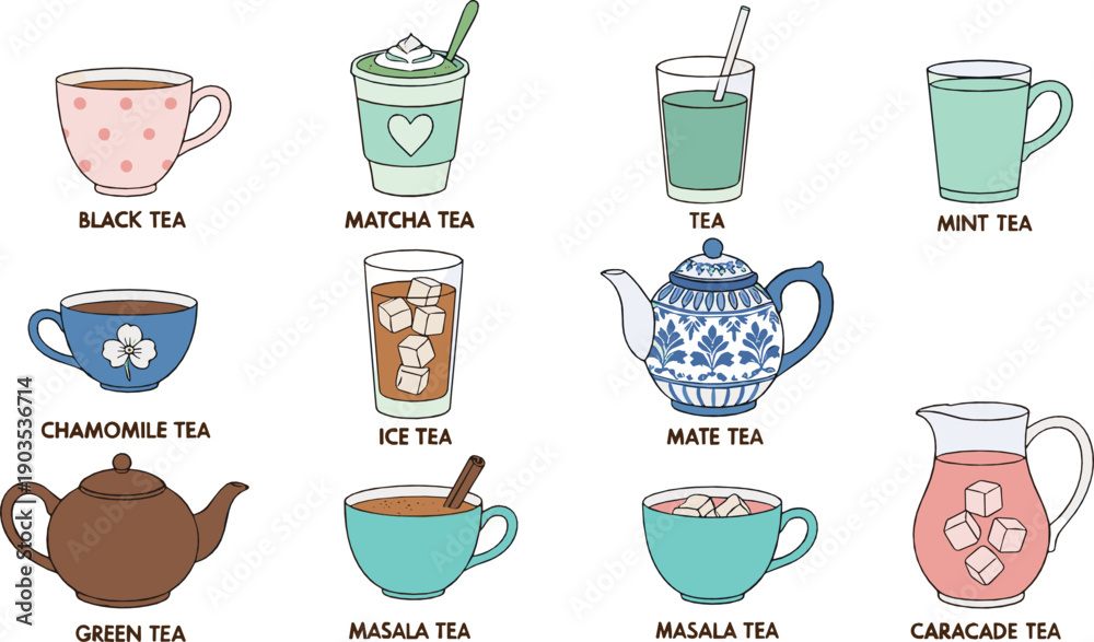 Fototapeta premium Cute hand drawn tea illustration set with black green matcha chamomile masala mint and iced tea cups teapots and pitchers in cozy flat style