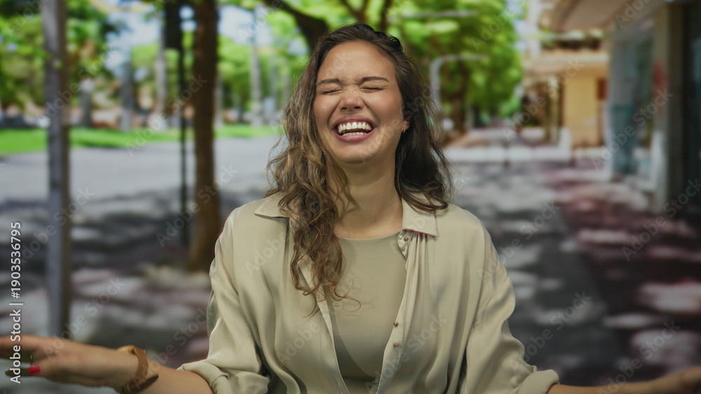 Fototapeta premium Hispanic woman smiling outdoors on a sunny street, wearing casual clothing, embodying happiness and joy amidst urban trees and vibrant surroundings.