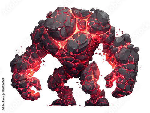 A fiery Golem of stone, with glowing molten rock, stands ready. Witness the raw power of earth and fire in a fantastical form.
