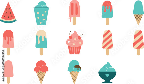 Cute ice cream illustration set with popsicles cones sundaes cupcakes and summer desserts in colorful flat cartoon style for kids and food designs