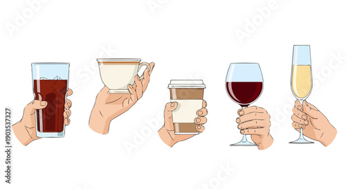 Cartoon hands holding diverse drinks iced soda ceramic teacup disposable coffee red wine champagne flute vector art.