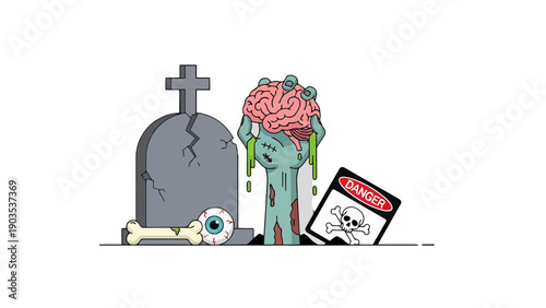 Cartoon Zombie Arm Holding Brain Emerging from Ground with Tombstone Bone Eyeball and Danger Sign.