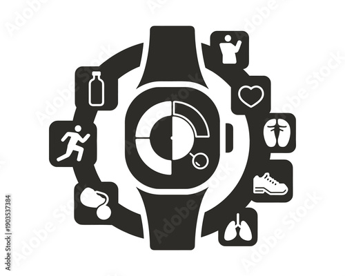 Smartwatch displaying health and fitness tracking icons around its circular interface