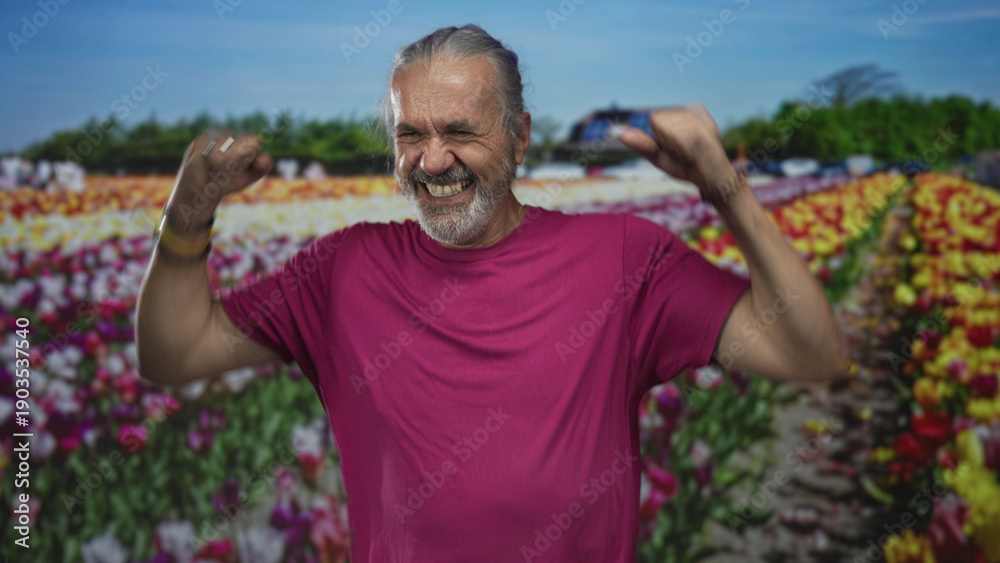 Fototapeta premium Middle age man with long grey hair smiling and fists raised in studio amid rows of colorful tulip flowers in a field; joy celebration.