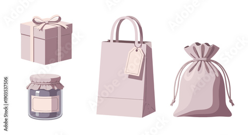 Elegant pastel gift packaging collection ribbontied box paper bag with tag drawstring pouch and jam jar.