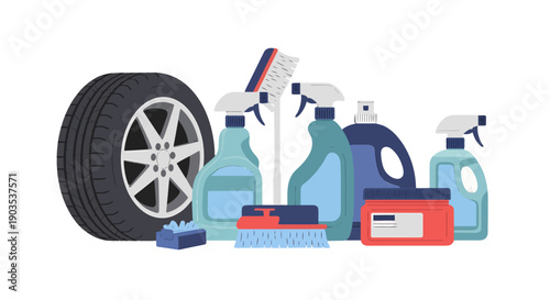 Flat vector illustration of car cleaning products tire with alloy wheel spray bottles brushes sponge and detergent.