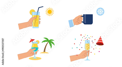 Four hands holding diverse drinks for summer winter beach and party celebrations flat vector style.