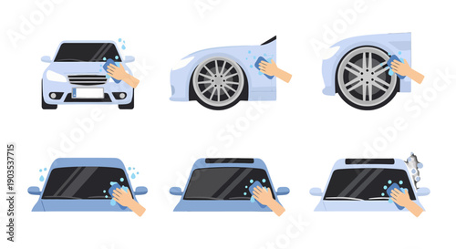Light blue car washing process vector illustration of hands with sponges cleaning vehicle parts water droplets.