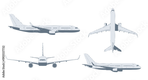 Modern commercial passenger jet airplane vector illustration set showcasing multiple technical views in light gray.