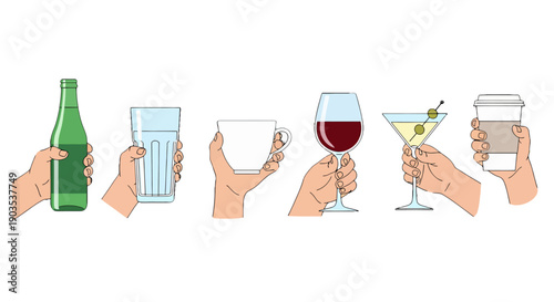 Set of diverse cartoon hands holding various beverages green bottle water glass coffee mug red wine martini takeaway cup.