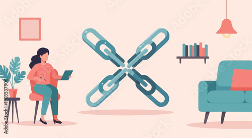 Woman working on laptop in a room with furniture and a link symbol