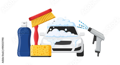 White Car Covered in Soap Foam with Cleaning Tools Blue Bottle Red Brush Yellow Sponge Spray Gun.