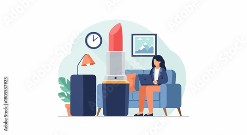 Woman working on laptop near giant lipstick and couch in a room