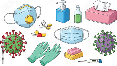 Comprehensive medical prevention kit with protective face masks, hand sanitizer, soap, gloves, pills, digital thermometer, and virus cells for pandemic healthcare hygiene.