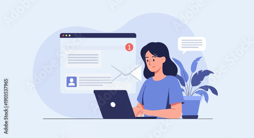 Woman working on laptop with notifications