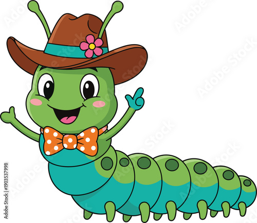 Cute cartoon caterpillar character wearing a brown cowboy hat and orange polka dot bowtie pointing up isolated on a white background