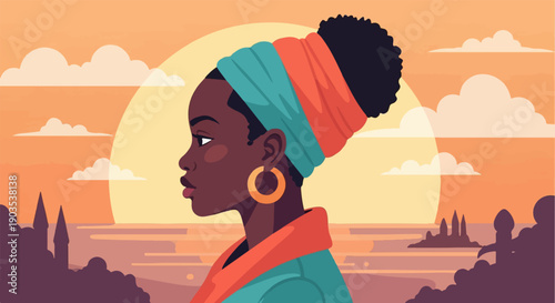 Woman in headwrap and hoop earrings at sunset with distant city skyline