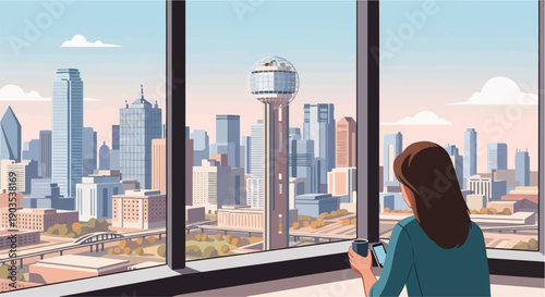 Woman in office gazes at cityscape from window, holding coffee