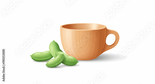 Wooden mug with fresh green beans on a white background