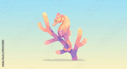 Whimsical seahorse perches on abstract coral in pastel underwater scene