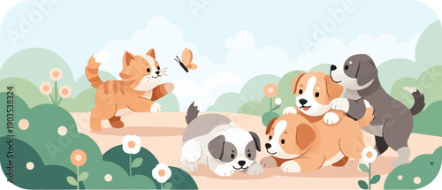 Whimsical scene of a cat playing with a butterfly near playful puppies