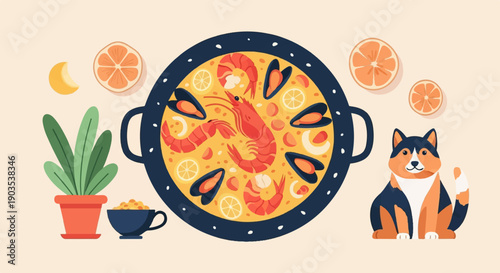Whimsical seafood paella with a cute dog, plant, moon, and oranges