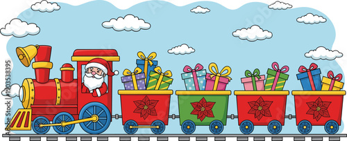Red Christmas steam train driven by Santa Claus carrying colorful gift boxes in holiday wagons under a blue cloudy sky illustration.