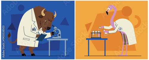 Flat vector illustration of bison and flamingo scientists working with test tubes