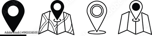 Four location pin and map markers on a folded map in black and white line Keywords: location