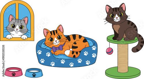 Cute cartoon cats collection with kitten in window, cat in blue pet bed, scratching post, and food bowls on white background