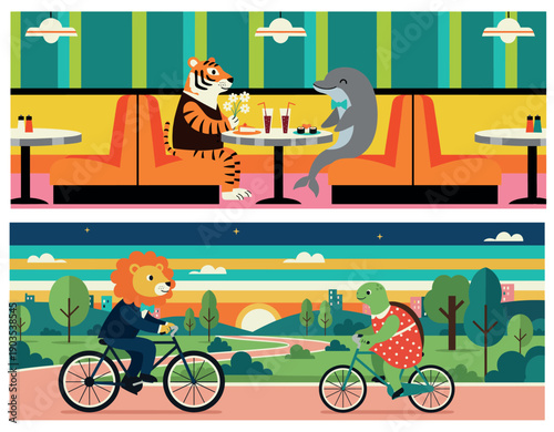 Flat vector illustration of romantic animals: Tiger and Dolphin dining, Lion and Turtle biking