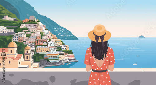 Woman in straw hat overlooks coastal town and blue ocean