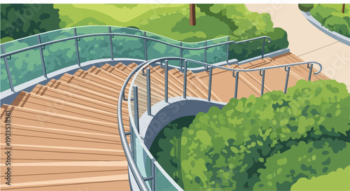 Wooden spiral staircase with glass railings winding through lush green foliage