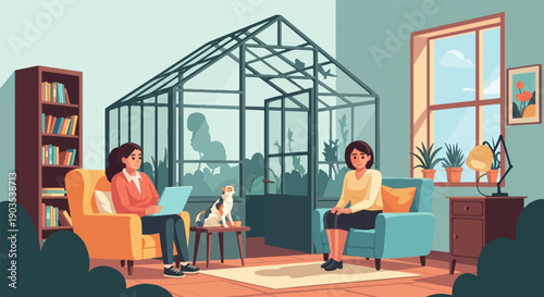 Two women in a sunlit room with a greenhouse, a dog, and a bookshelf