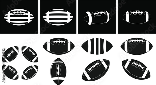 American football ball silhouette vector collection featuring various sports equipment icons and stadium game symbols isolated on white background for graphic design projects.