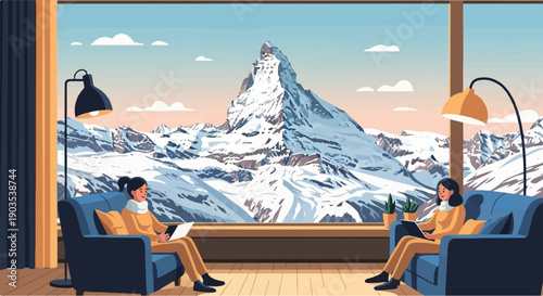 Two women in cozy sweaters work on laptops in a room with a stunning mountain view