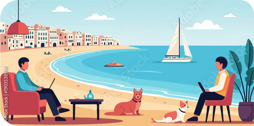 Two people work on laptops on a beach with dogs and a sailboat