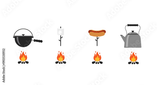 Collection of stylized camping cooking essentials pot marshmallow hot dog and kettle over vibrant campfires.