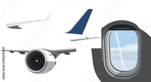 Deconstructed airplane parts illustration wing engine tail fin and window with sky view.