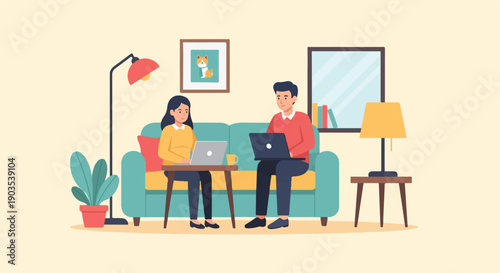 Two people work on laptops in a cozy living room